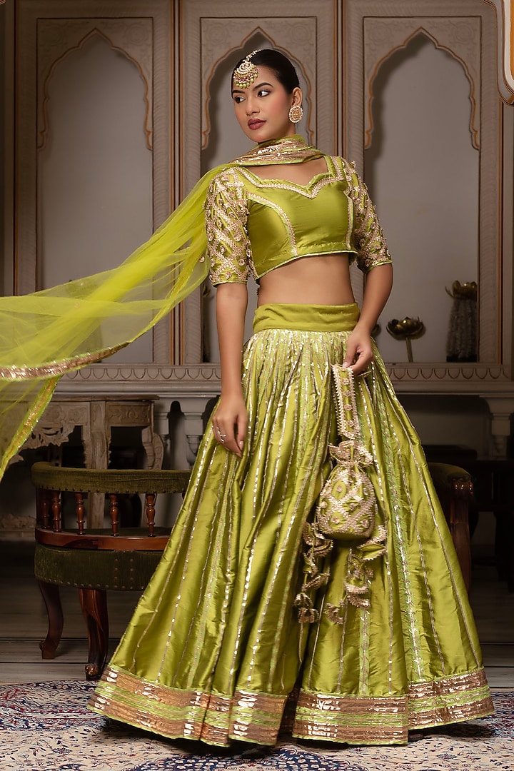 Green Taffeta Silk Gota Wedding Lehenga Set by Pomcha Jaipur at Pernia's Pop Up Shop