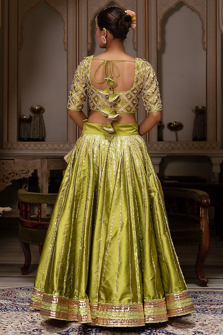 Green Taffeta Silk Gota Wedding Lehenga Set by Pomcha Jaipur at Pernia's Pop Up Shop