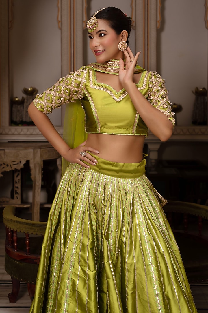 Green Taffeta Silk Gota Wedding Lehenga Set by Pomcha Jaipur at Pernia's Pop Up Shop