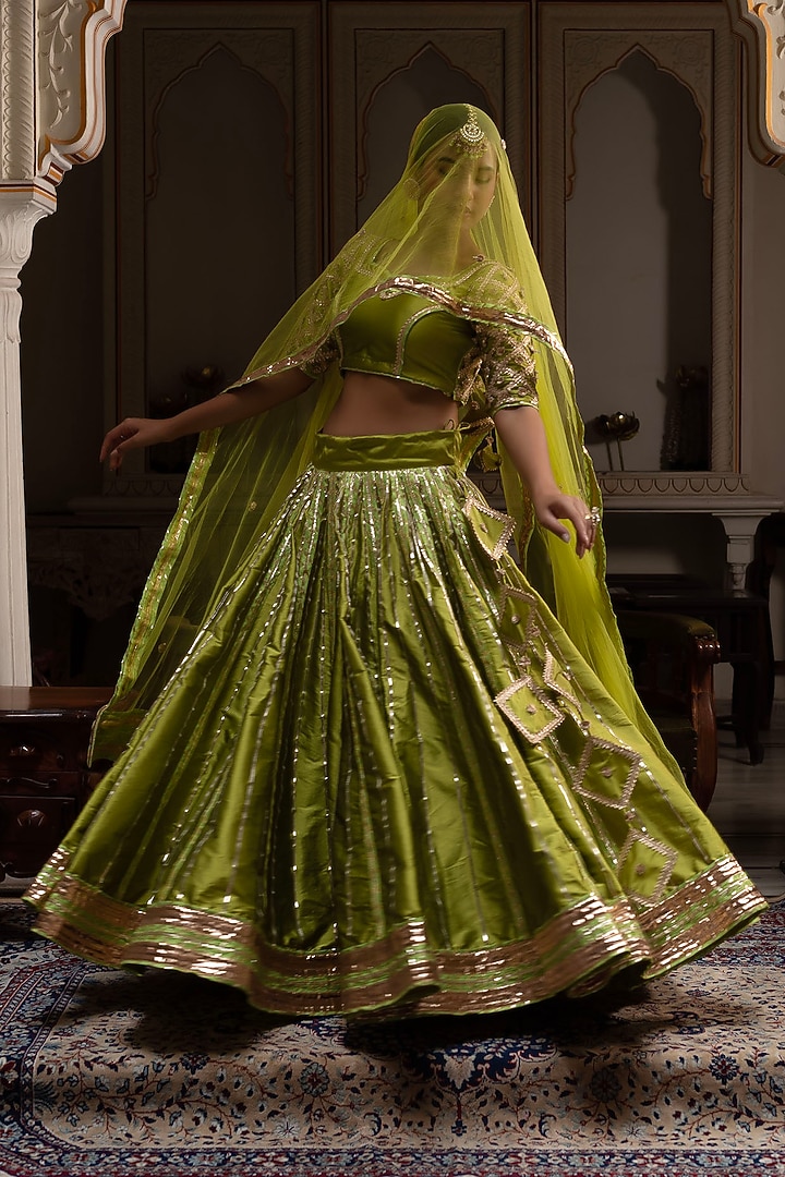 Green Taffeta Silk Gota Wedding Lehenga Set by Pomcha Jaipur at Pernia's Pop Up Shop