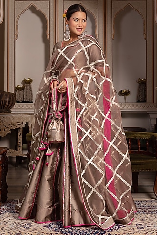 Ash Gold Taffeta Silk Gota Lehenga Set by Pomcha Jaipur