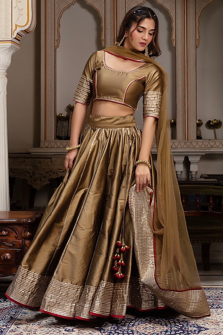 Dust Gold Taffeta Silk Gota Wedding Lehenga Set by Pomcha Jaipur at Pernia's Pop Up Shop