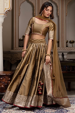 Dust Gold Taffeta Silk Gota Lehenga Set by Pomcha Jaipur