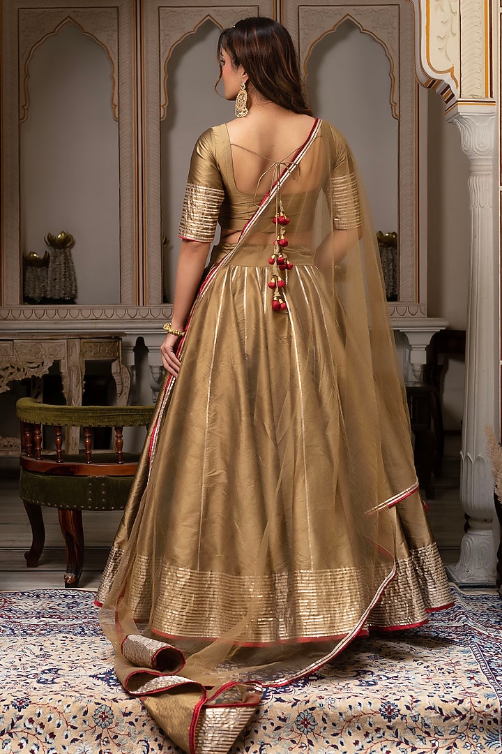 Dust Gold Taffeta Silk Gota Wedding Lehenga Set by Pomcha Jaipur at Pernia's Pop Up Shop