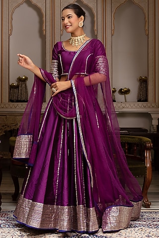 Plum Taffeta Silk Gota Lehenga Set by Pomcha Jaipur