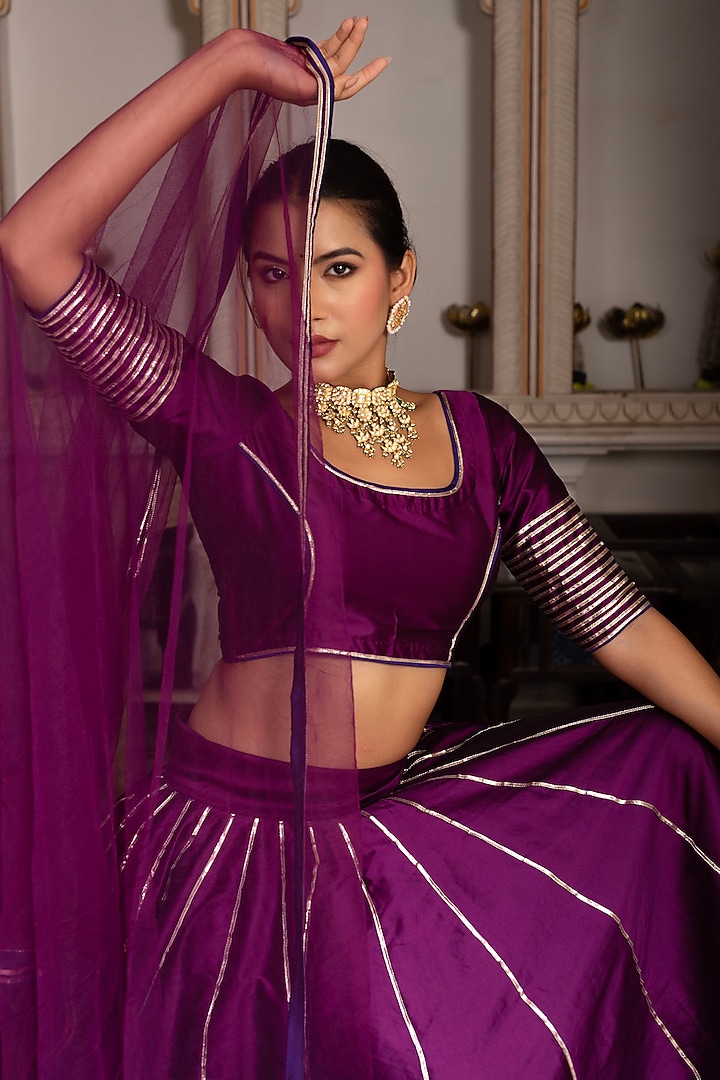 Plum Taffeta Silk Gota Wedding Lehenga Set by Pomcha Jaipur at Pernia's Pop Up Shop