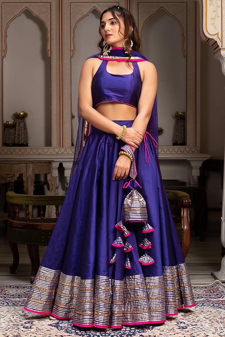 Purple Taffeta Silk Gota Lehenga Set by Pomcha Jaipur at Pernia's Pop Up Shop