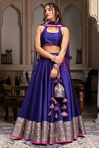 Purple Taffeta Silk Gota Lehenga Set by Pomcha Jaipur