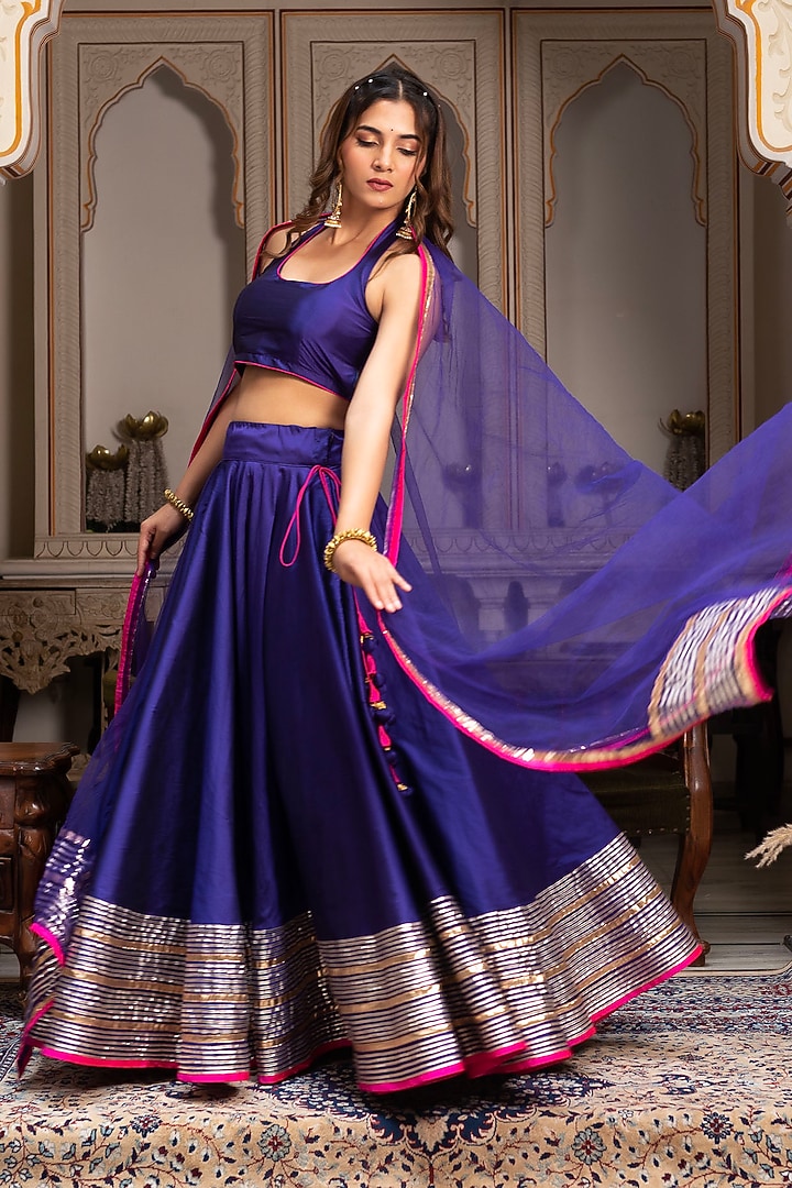 Purple Taffeta Silk Gota Lehenga Set by Pomcha Jaipur at Pernia's Pop Up Shop