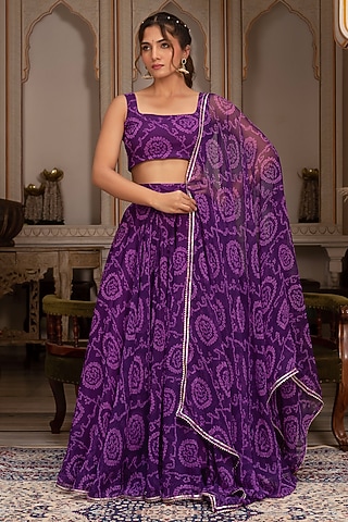 Purple Georgette Bandhej Lehenga Set by Pomcha Jaipur