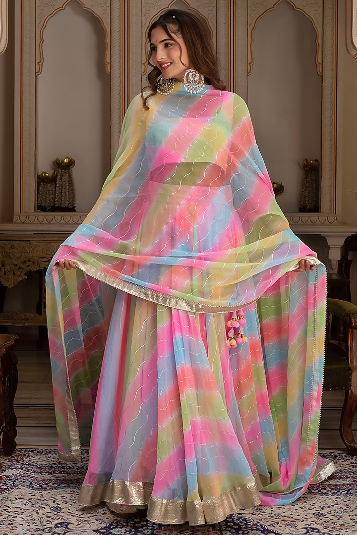 Multi-Colored Georgette Leheriya Lehenga Set by Pomcha Jaipur at Pernia's Pop Up Shop