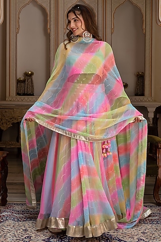 Multi-Colored Georgette Leheriya Lehenga Set by Pomcha Jaipur