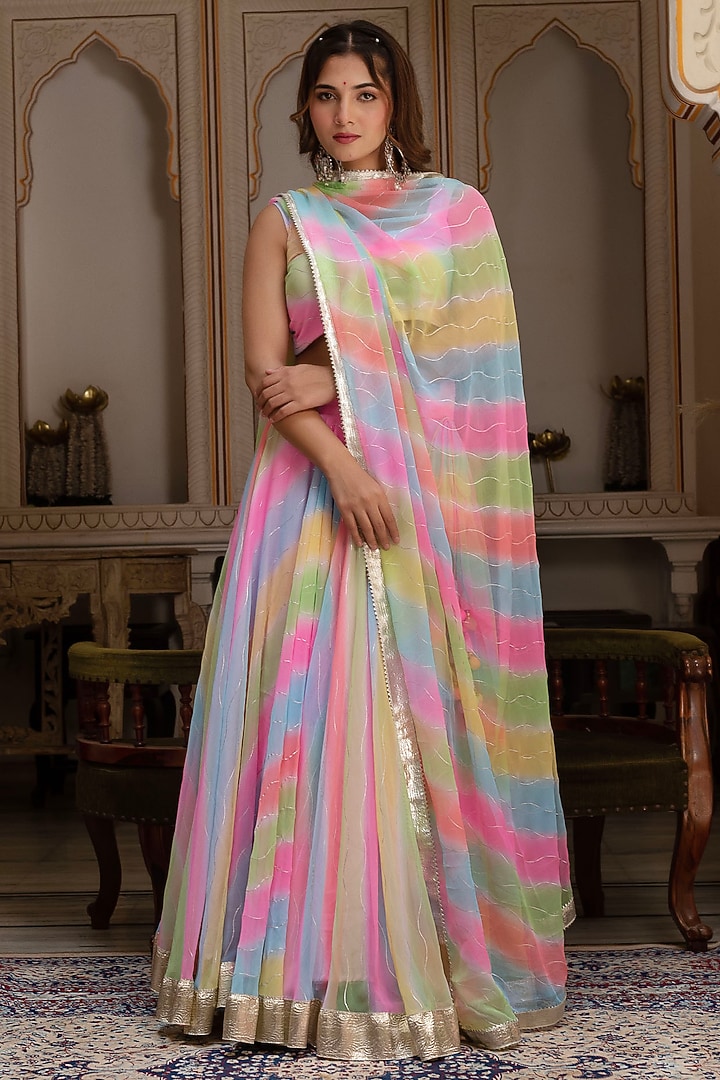 Multi-Colored Georgette Leheriya Lehenga Set by Pomcha Jaipur at Pernia's Pop Up Shop