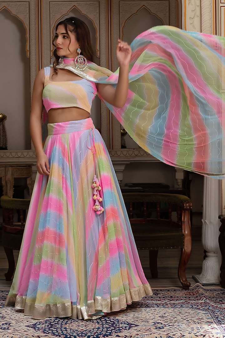 Multi-Colored Georgette Leheriya Lehenga Set by Pomcha Jaipur at Pernia's Pop Up Shop