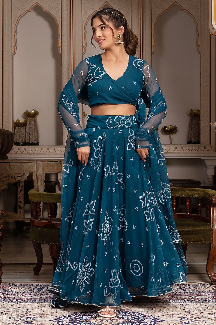 Teal Georgette Bandhej Lehenga Set by Pomcha Jaipur at Pernia's Pop Up Shop