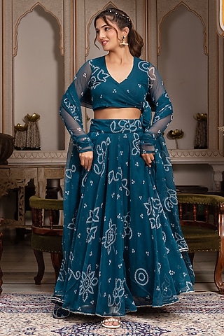 Teal Georgette Bandhej Lehenga Set by Pomcha Jaipur