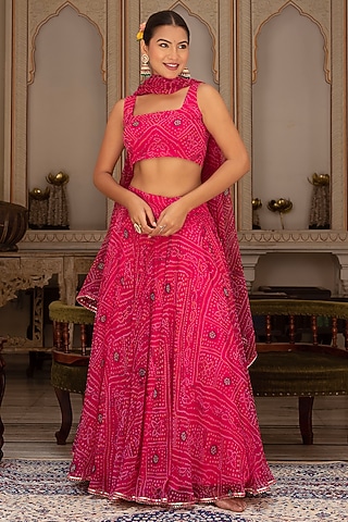 Rani Pink Georgette Bandhej Lehenga Set by Pomcha Jaipur