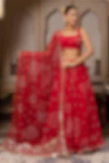 Red Georgette Bandhej Lehenga Set by Pomcha Jaipur at Pernia's Pop Up Shop
