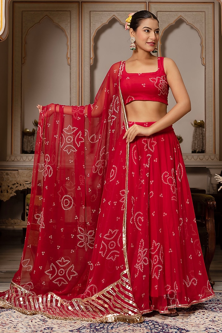 Red Georgette Bandhej Lehenga Set by Pomcha Jaipur at Pernia's Pop Up Shop