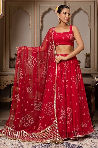 Red Georgette Bandhej Lehenga Set by Pomcha Jaipur
