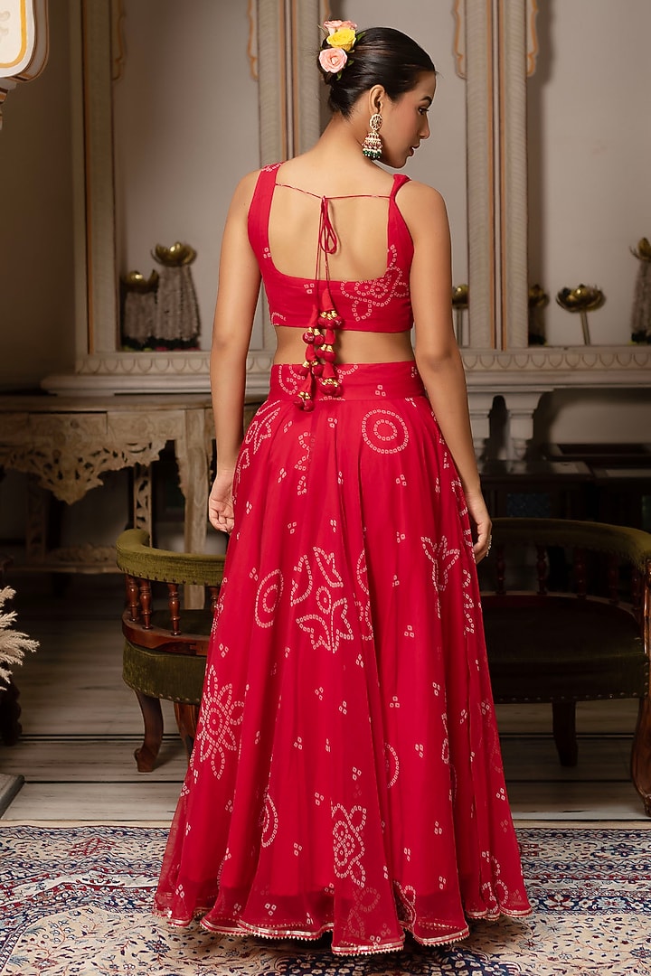 Red Georgette Bandhej Lehenga Set by Pomcha Jaipur at Pernia's Pop Up Shop