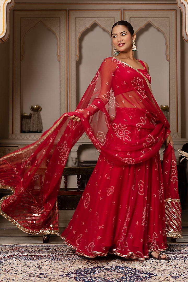 Red Georgette Bandhej Lehenga Set by Pomcha Jaipur at Pernia's Pop Up Shop