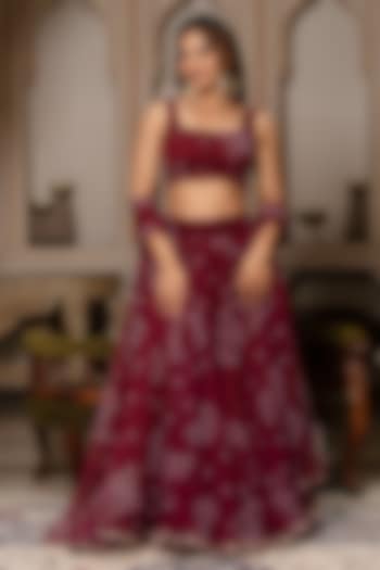 Maroon Georgette Bandhej Lehenga Set by Pomcha Jaipur at Pernia's Pop Up Shop