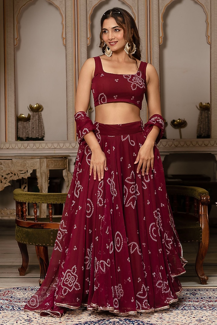 Maroon Georgette Bandhej Lehenga Set by Pomcha Jaipur at Pernia's Pop Up Shop