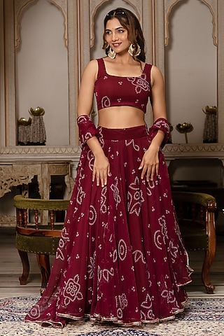 Maroon Georgette Bandhej Lehenga Set by Pomcha Jaipur