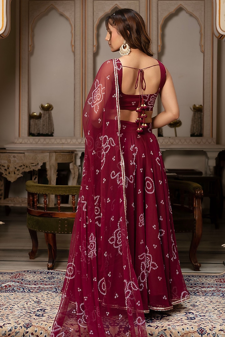 Maroon Georgette Bandhej Lehenga Set by Pomcha Jaipur at Pernia's Pop Up Shop