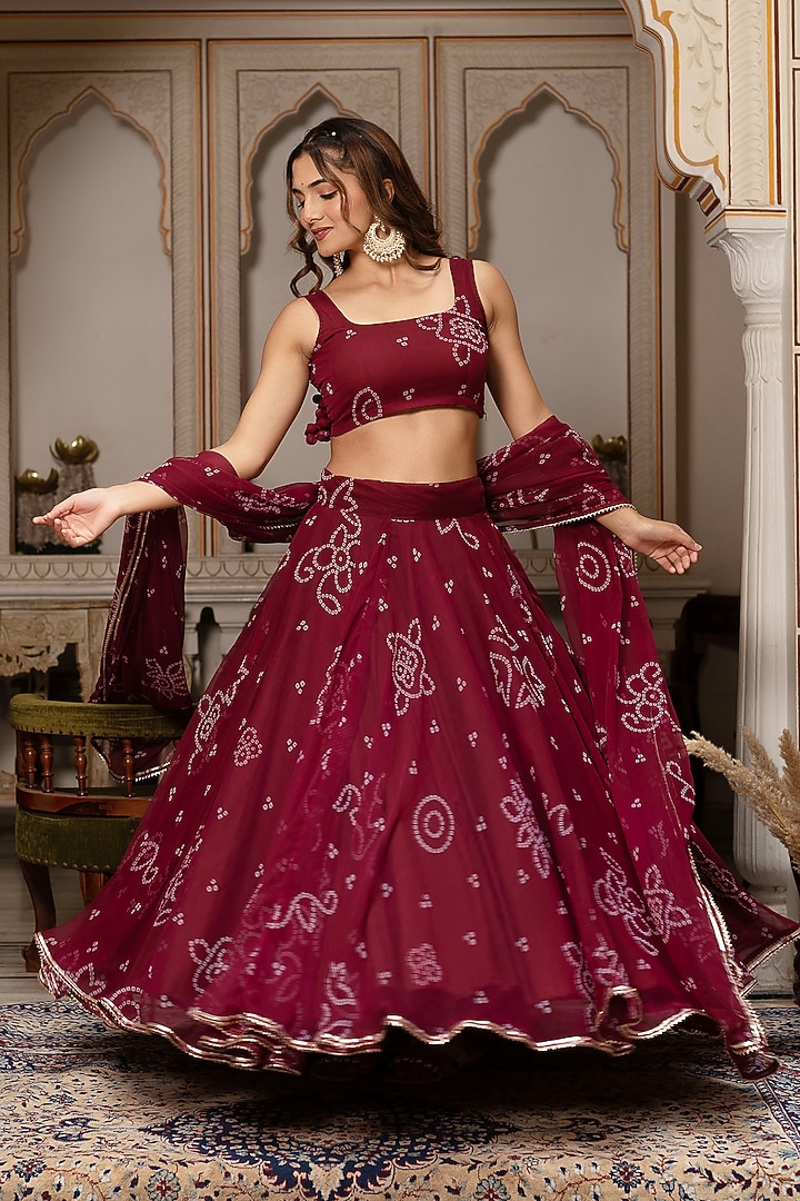 Maroon Georgette Bandhej Lehenga Set by Pomcha Jaipur at Pernia's Pop Up Shop
