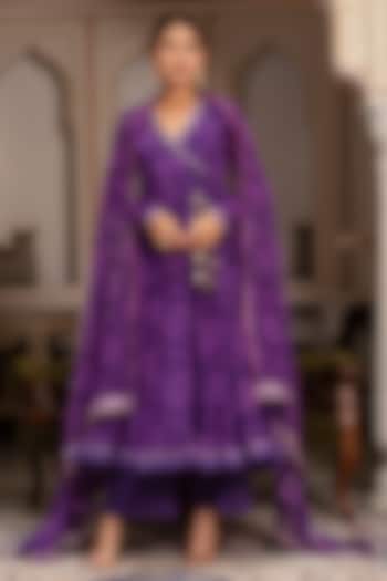 Purple Georgette Bandhej Angrakha Set by Pomcha Jaipur at Pernia's Pop Up Shop