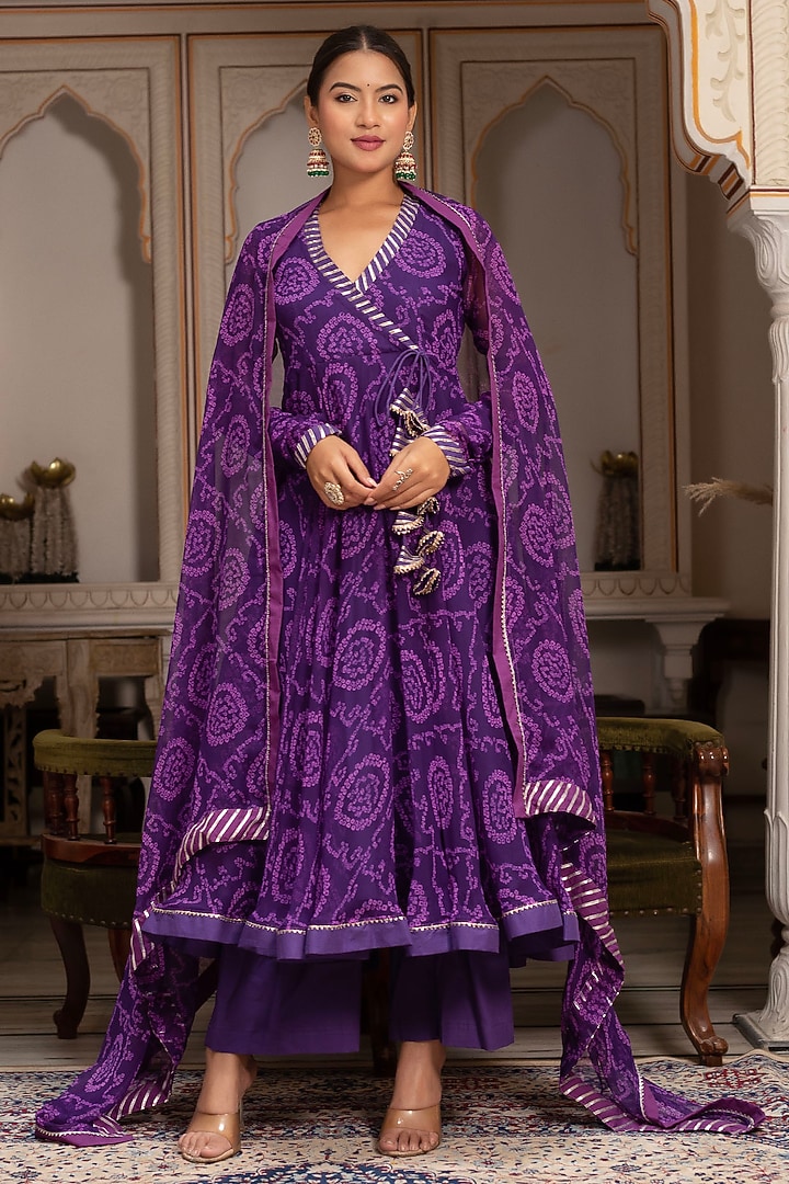 Purple Georgette Bandhej Angrakha Set by Pomcha Jaipur at Pernia's Pop Up Shop