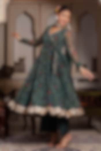 Green Georgette Bandhej Angrakha Set by Pomcha Jaipur at Pernia's Pop Up Shop
