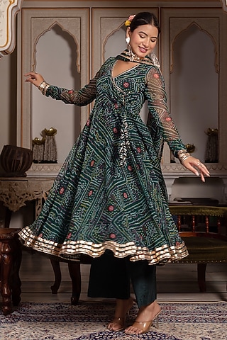 Green Georgette Bandhej Angrakha Set by Pomcha Jaipur