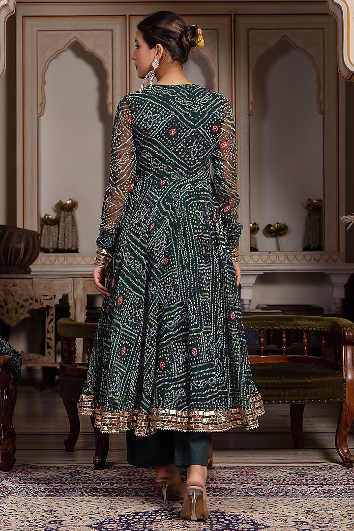 Green Georgette Bandhej Angrakha Set by Pomcha Jaipur at Pernia's Pop Up Shop