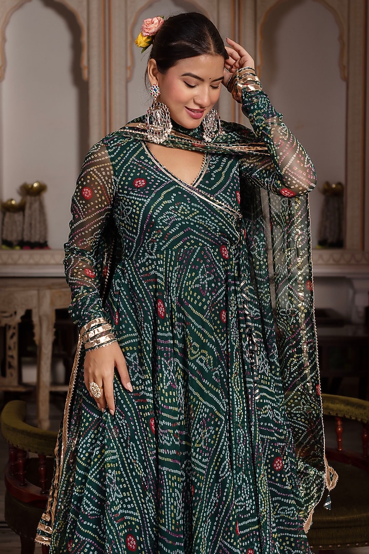 Green Georgette Bandhej Angrakha Set by Pomcha Jaipur at Pernia's Pop Up Shop