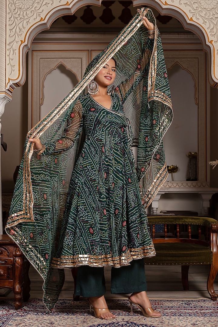 Green Georgette Bandhej Angrakha Set by Pomcha Jaipur at Pernia's Pop Up Shop