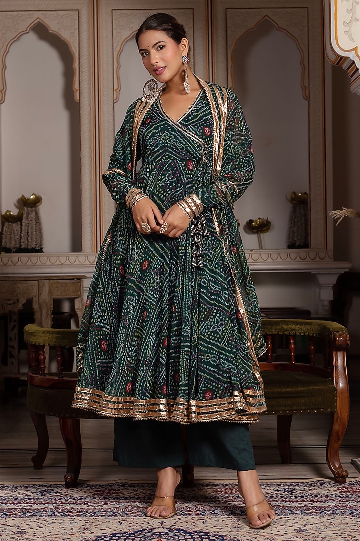 Green Georgette Bandhej Angrakha Set by Pomcha Jaipur at Pernia's Pop Up Shop