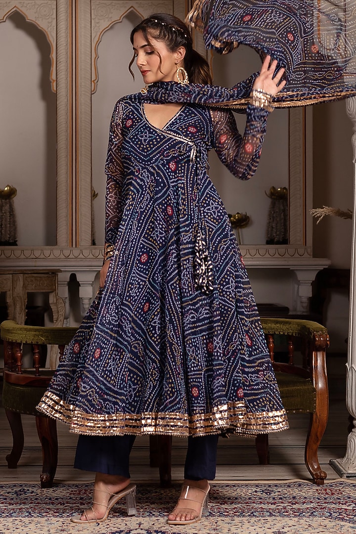 Blue Georgette Bandhej Angrakha Set by Pomcha Jaipur at Pernia's Pop Up Shop