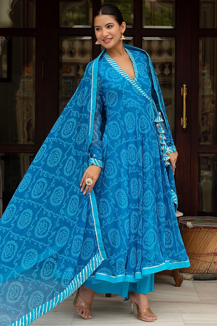 Blue Georgette Bandhej Anarkali Set by Pomcha Jaipur at Pernia's Pop Up Shop