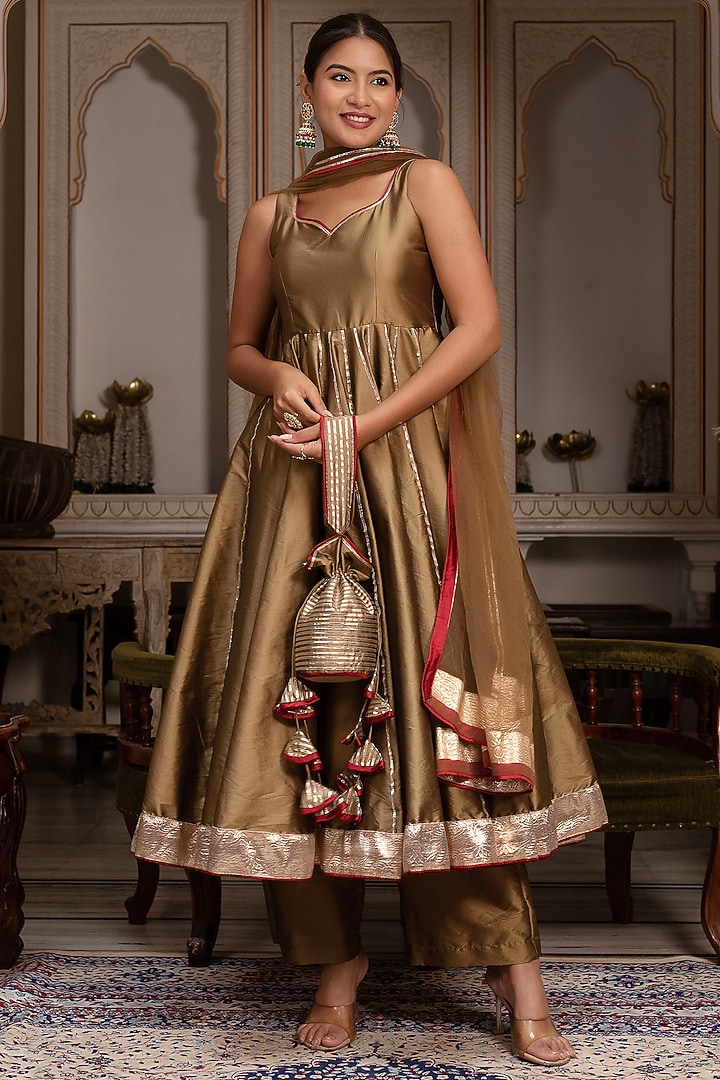 Dusty Gold Taffeta Silk Gota-Patti Anarkali Set by Pomcha Jaipur at Pernia's Pop Up Shop