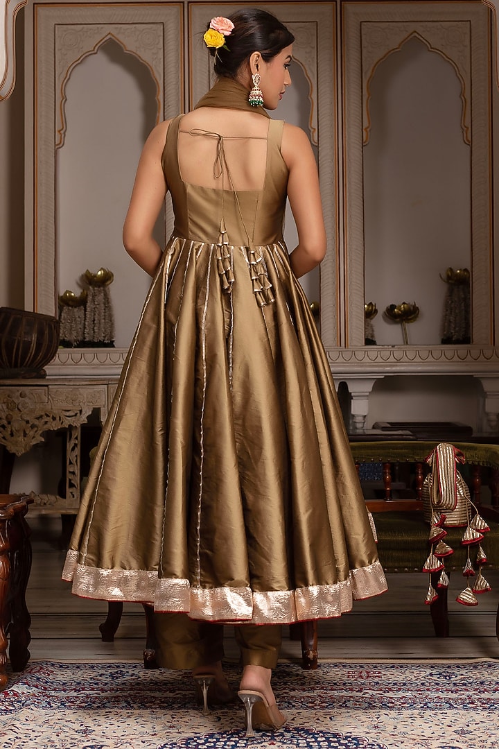 Dusty Gold Taffeta Silk Gota-Patti Anarkali Set by Pomcha Jaipur at Pernia's Pop Up Shop