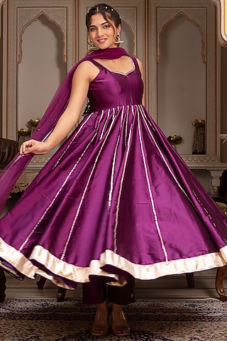 Plum Taffeta Silk Gota-Patti Anarkali Set by Pomcha Jaipur