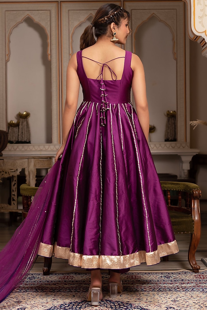Plum Taffeta Silk Gota-Patti Anarkali Set by Pomcha Jaipur at Pernia's Pop Up Shop