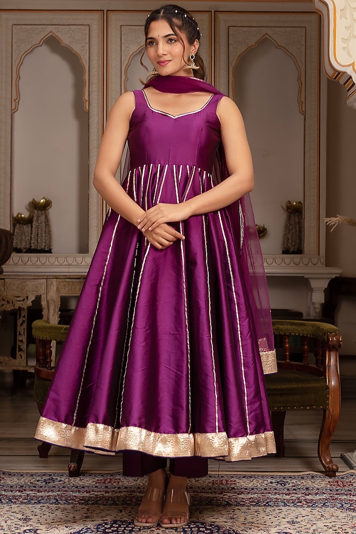 Plum Taffeta Silk Gota-Patti Anarkali Set by Pomcha Jaipur at Pernia's Pop Up Shop