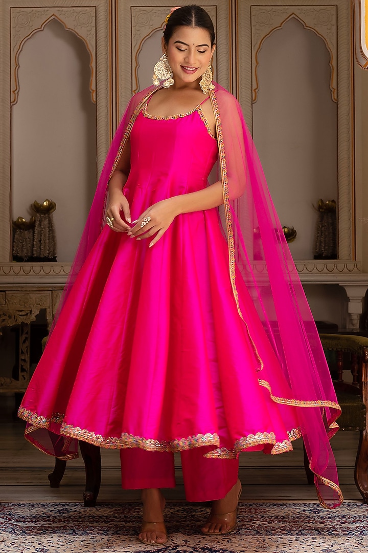 Pink Taffeta Silk Embroidered Anarkali Set by Pomcha Jaipur at Pernia's Pop Up Shop