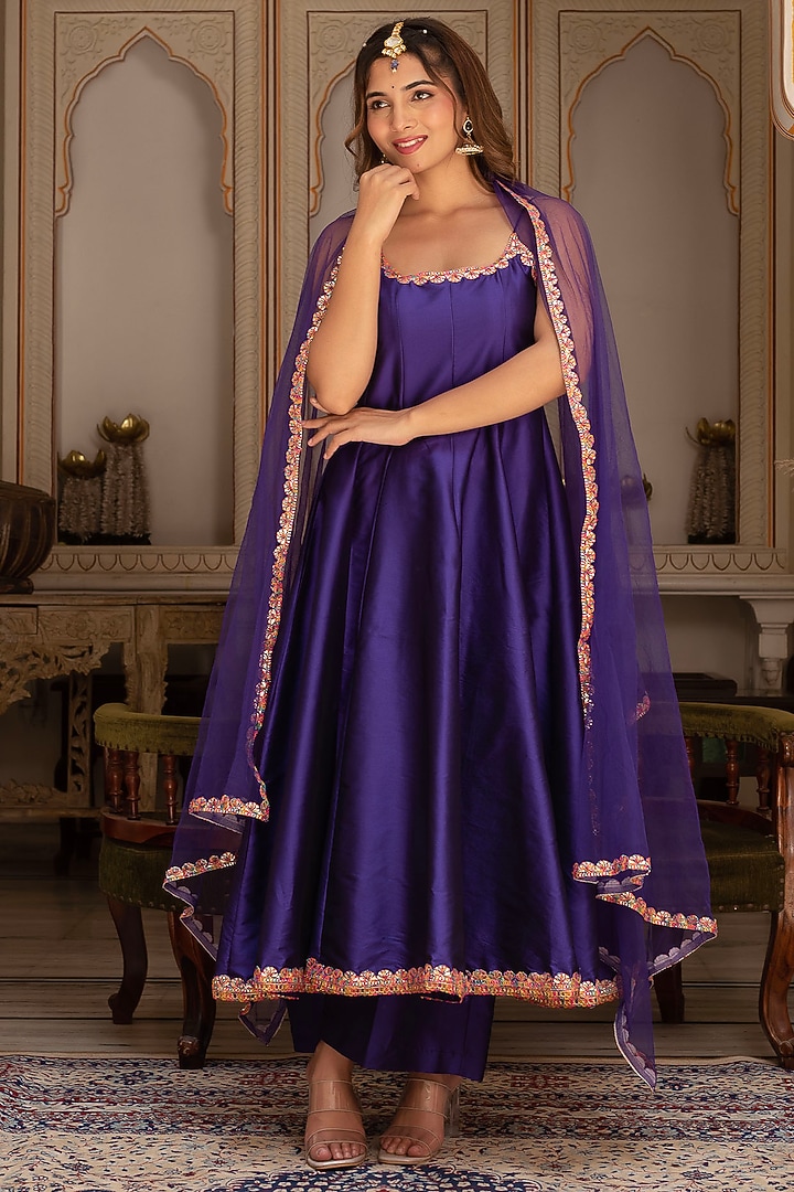 Purple Taffeta Silk Embroidered Anarkali Set by Pomcha Jaipur at Pernia's Pop Up Shop