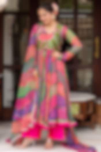 Multi-Colored Georgette Bandhej Jacket Anarkali Set by Pomcha Jaipur at Pernia's Pop Up Shop