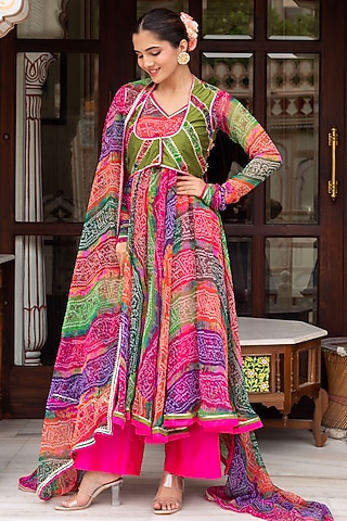 Multi-Colored Georgette Bandhej Jacket Anarkali Set by Pomcha Jaipur